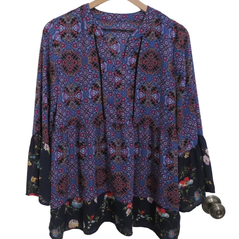 Womens Sz M Navy Blue Pattern Blouse Long Sleeves Bell Floral Sleeves